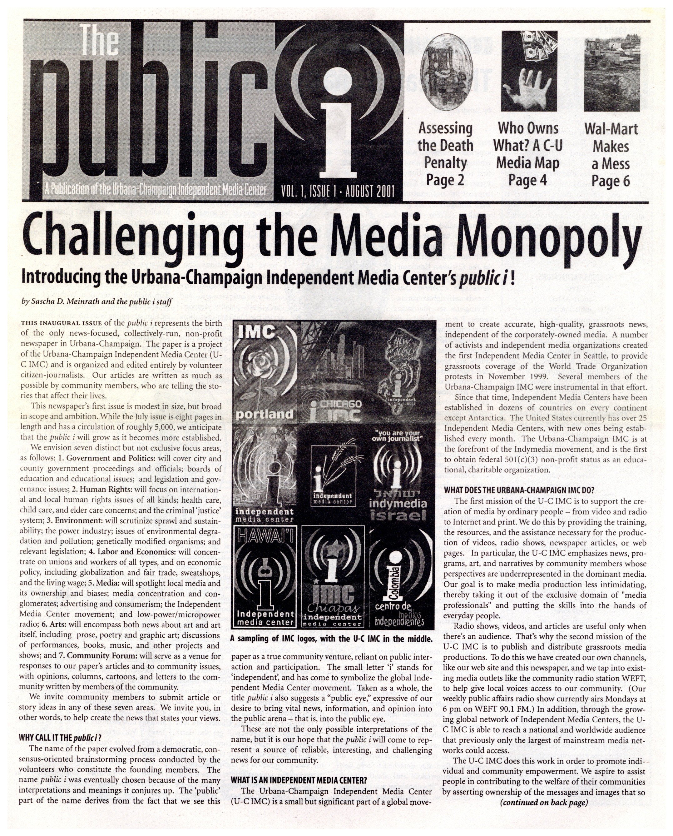 Front page Vol.1, issue 1 of the Public i, August 2001