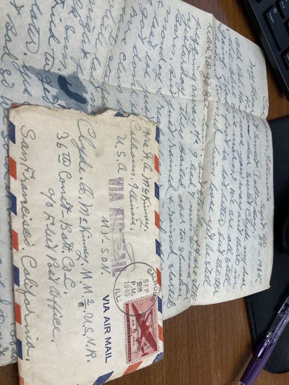 Letter and envelope from Stella Wright McKinney to her son Clyde McKinney, September 28, 1945
