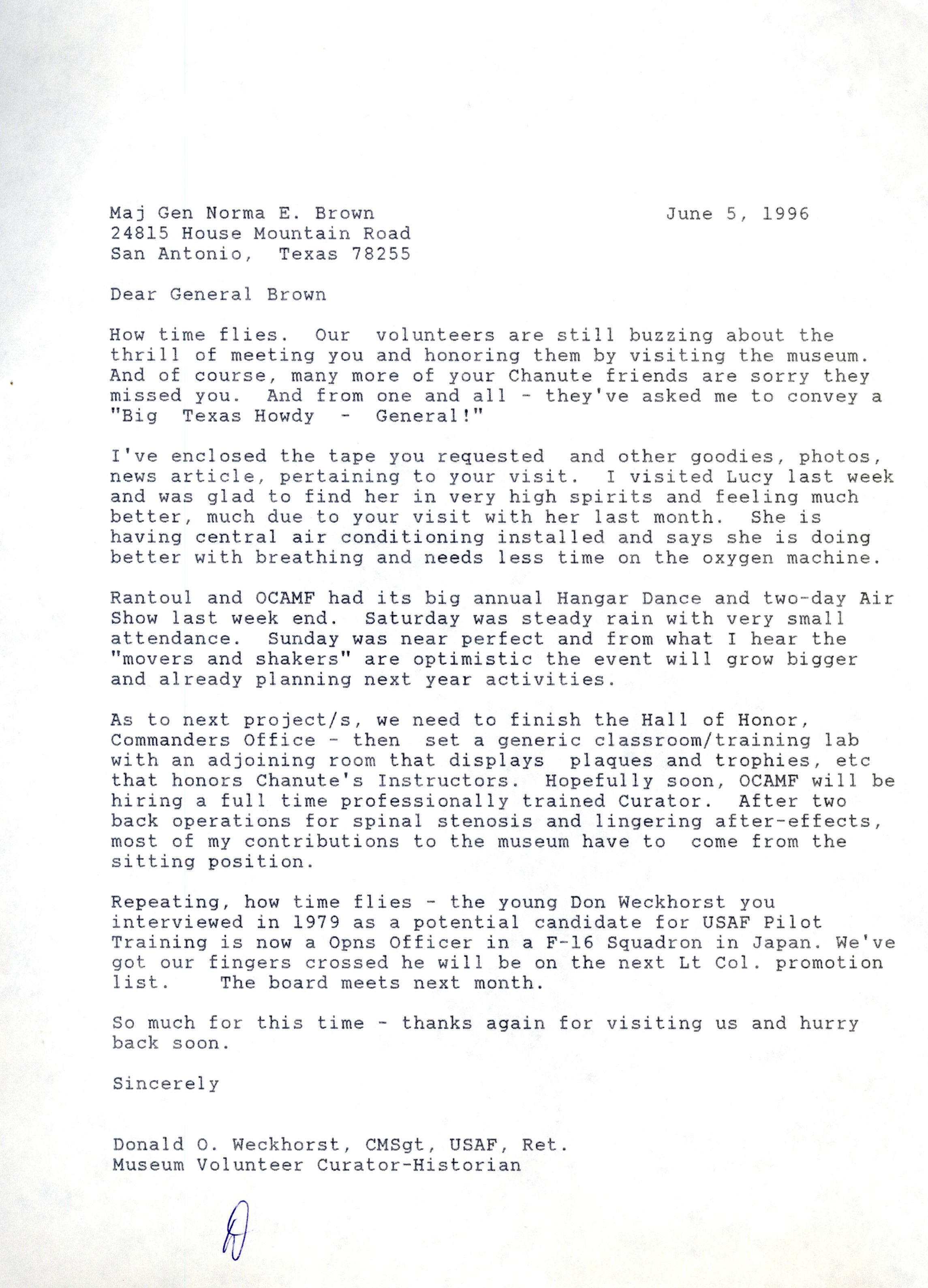 Letter from Chanute Historian Don Weckhorst to Major General Norma E. Brown, June 5, 1996