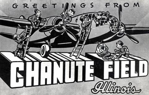 Greetings from Chanute postcard image with an airplane in clack and white