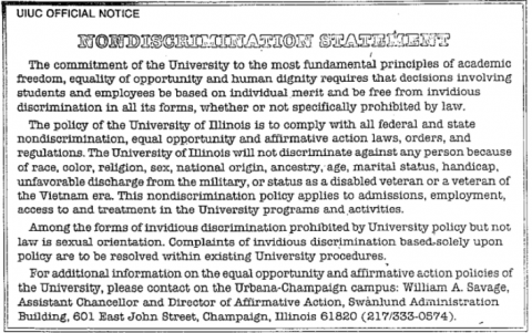 The Nondiscrimination Statement published in The Daily Illini a few months after the Board of Trustees’ vote. Notice that “sexual orientation” is not included with the other protected categories but is singled out in the third paragraph: the Daily Illini, August 27, 1987, page 32. 