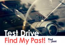 Graphic of car dashboard with the text 'Test Drive Find My Past'