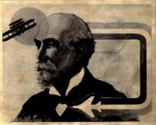 Octave Chanute Portrait, stylized with a glider plane and a jet plane