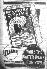 Black and white newspaper advertisement for Rain Water Crystals water softener, News-Gazette, July 8, 1920 