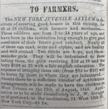 Advertisement taken out by New York Juvenile Asylum looking for good homes for 40 to 50 children, Illinois Central Gazette, July 13, 1859
