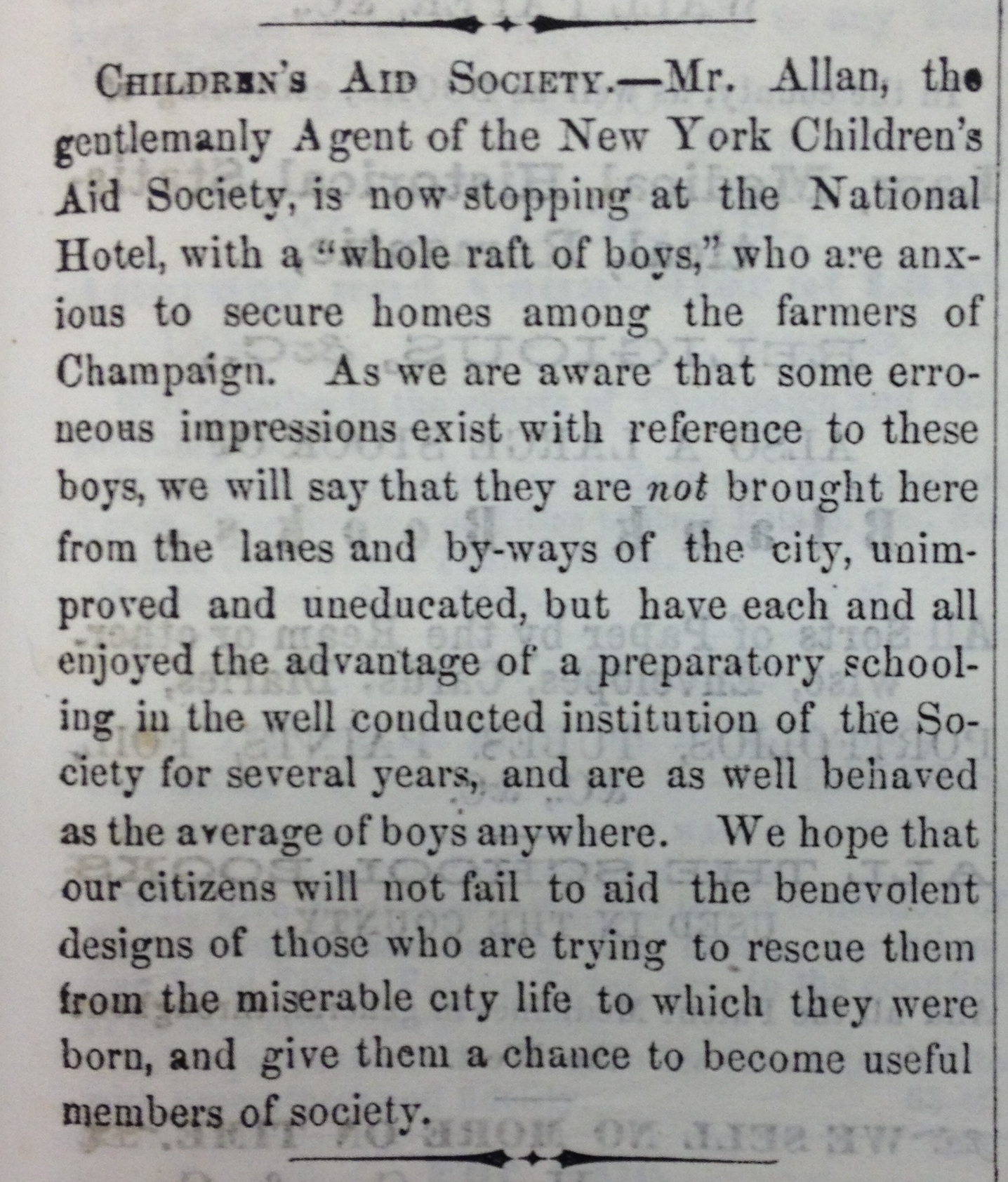 Children's Aid Society Advertisement, Central Illinois Gazette