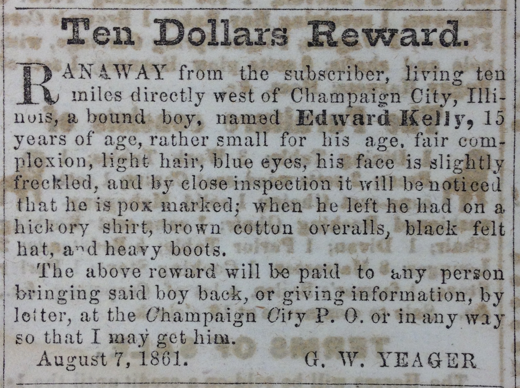 Runaway Notice, Central Illinois Gazette