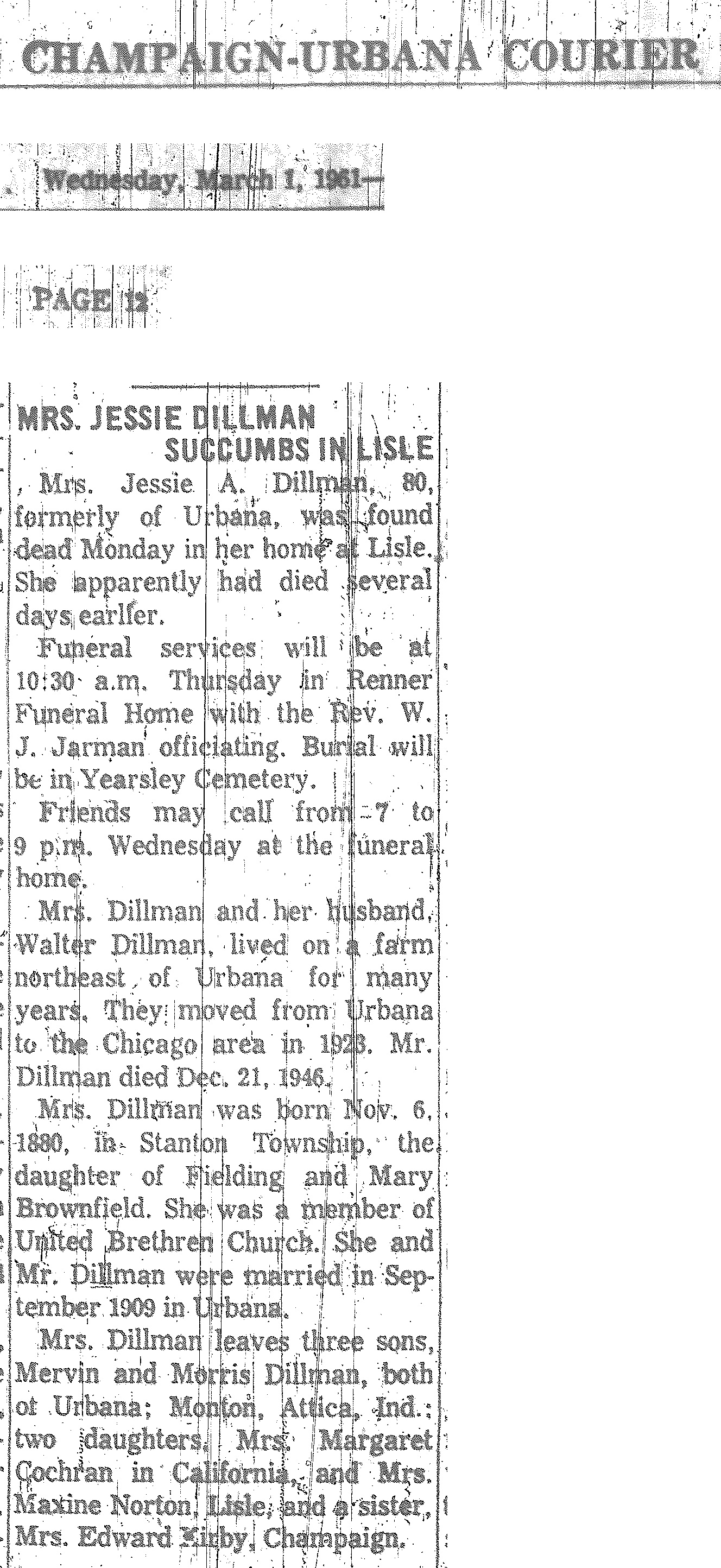 Jessie Dillman Courrier Obituary