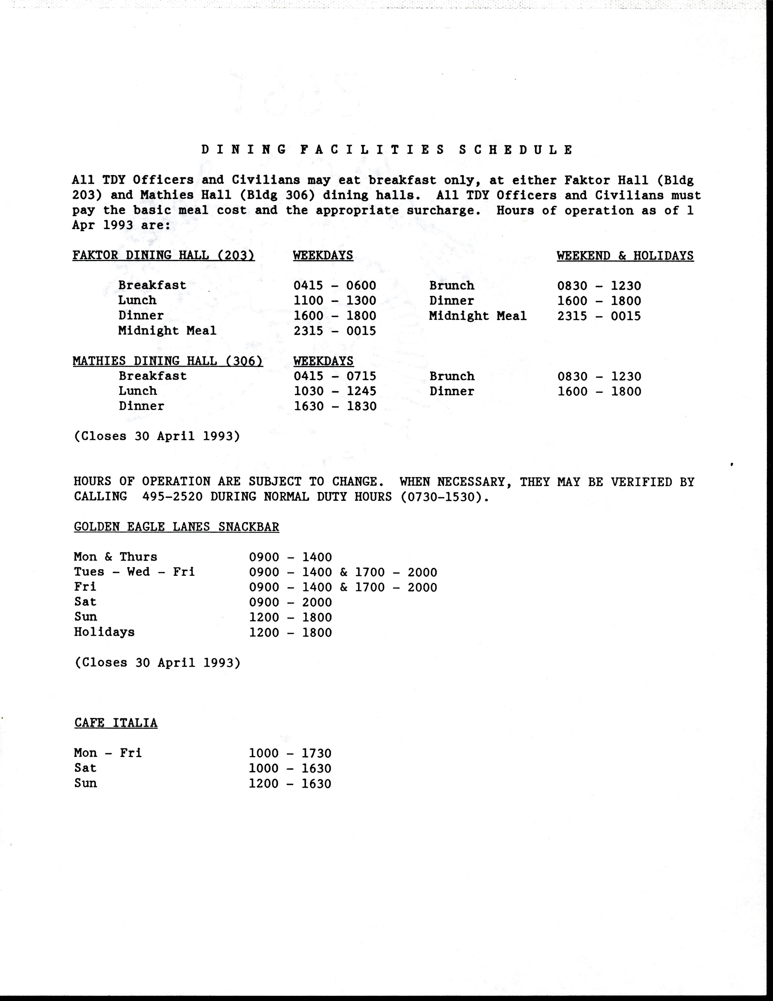 Chanute Dining Hall Schedule