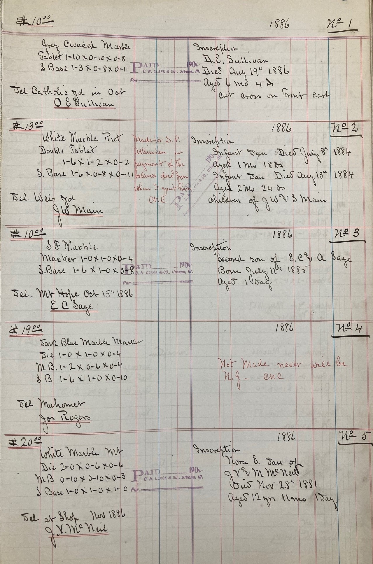 Clark Monument Co. Account/Order Ledger from 1886