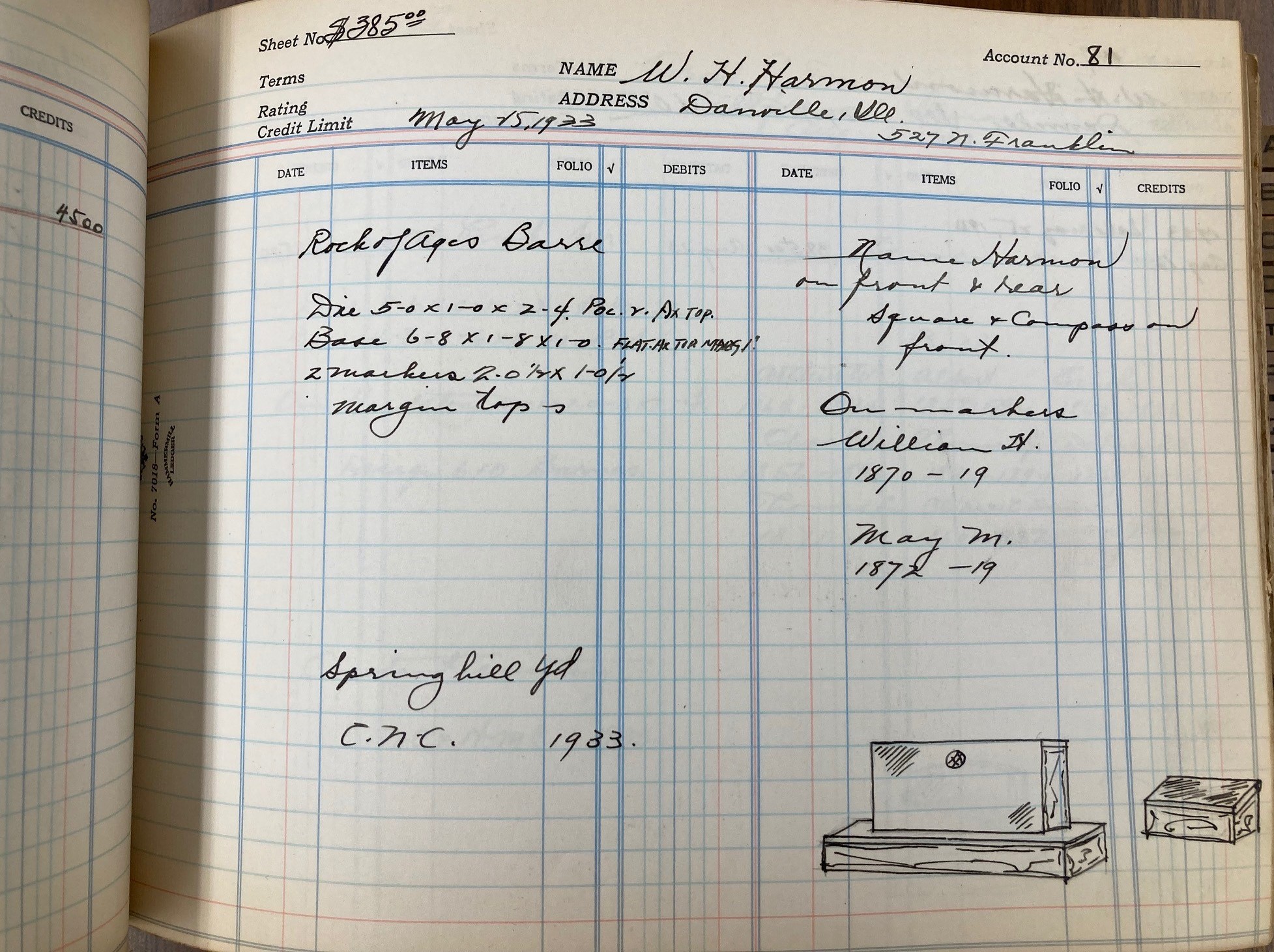 Clark Monument Co. Account/Order Ledger from 1933