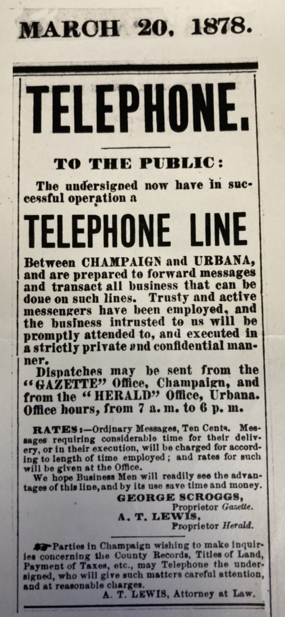 Newspaper advertisement for private toll line, 1878