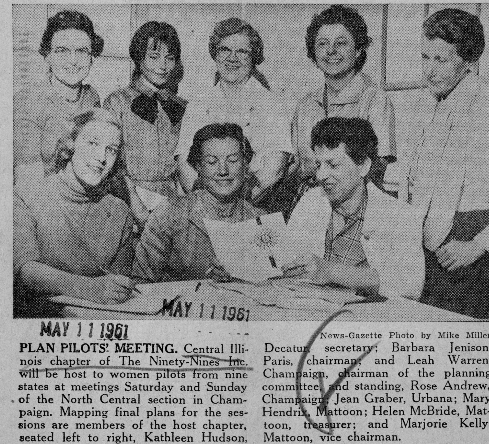 Central Illinois Chapter of The Ninety-Nines, Inc. planning to host women pilots from nine states at a regional meeting, News-Gazette, May 11, 1961