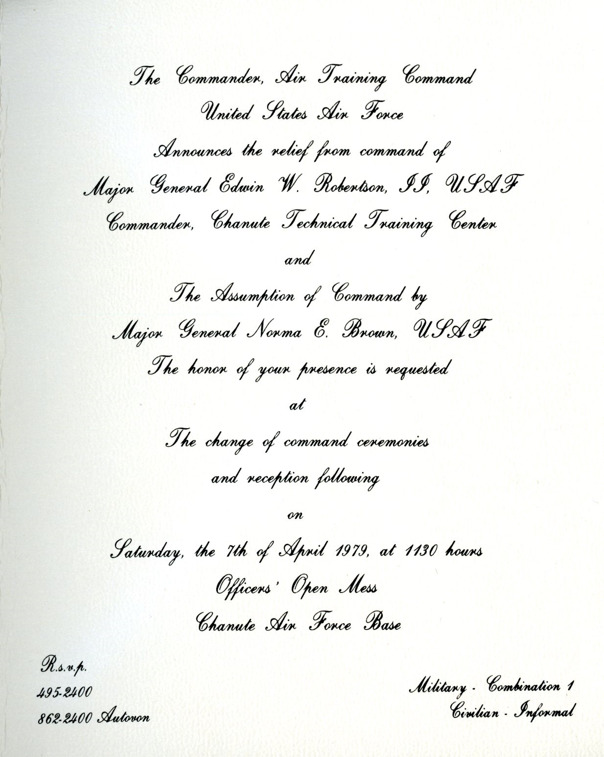Change of command ceremony invitation for Saturday, April 7th 1979.