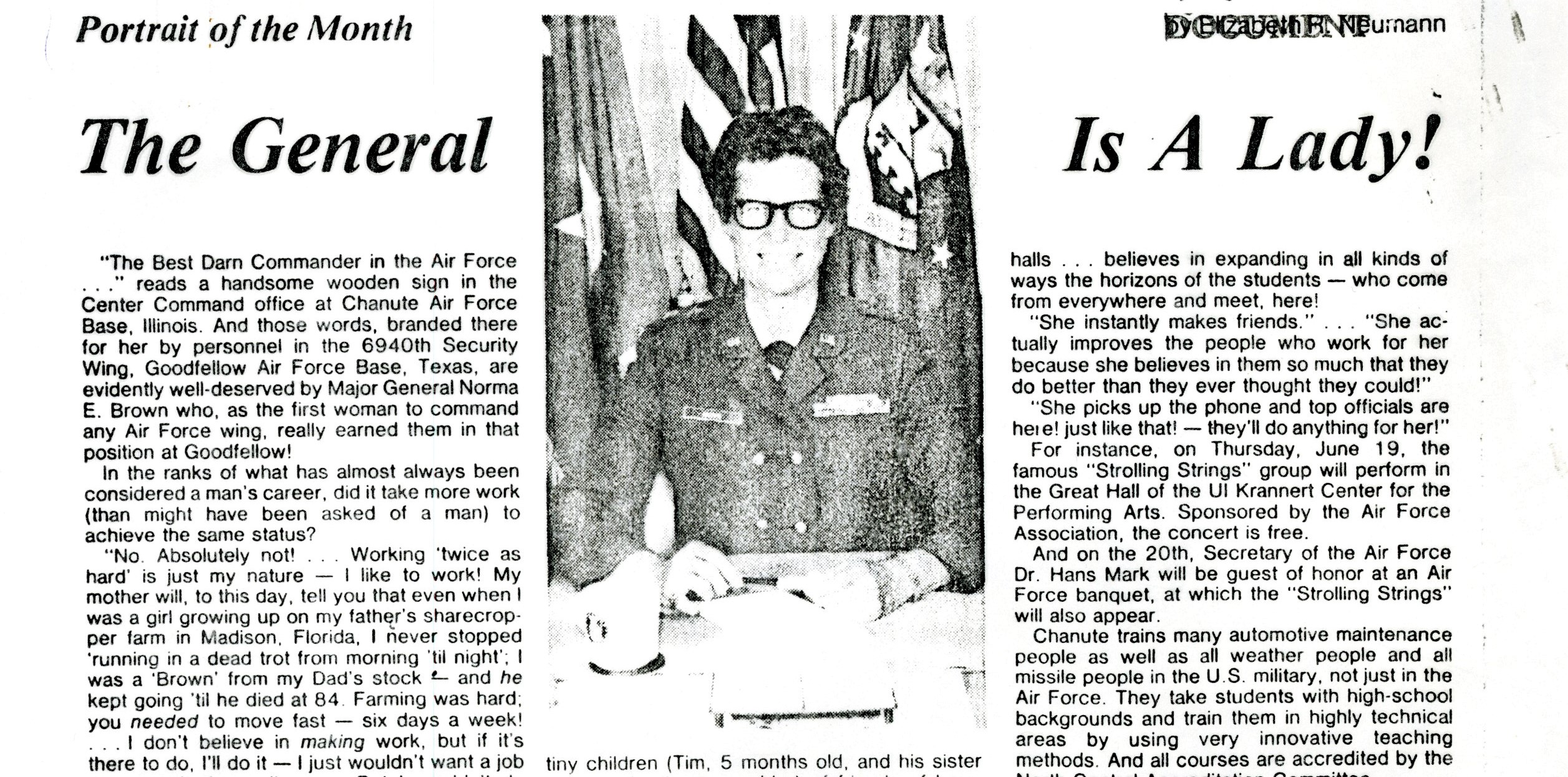 Image of a newspaper article titled, "The General is a Lady" about Commander Norma E. Brown. The article feature an image of Brown at her desk.  