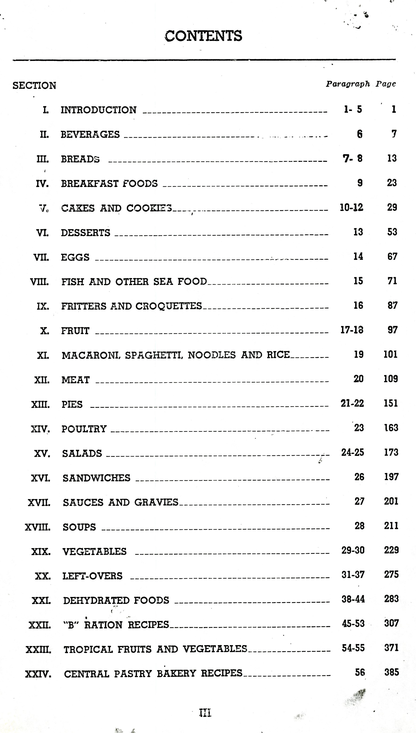 Table of contents page from the 1946 official U.S. Army Cookbook.