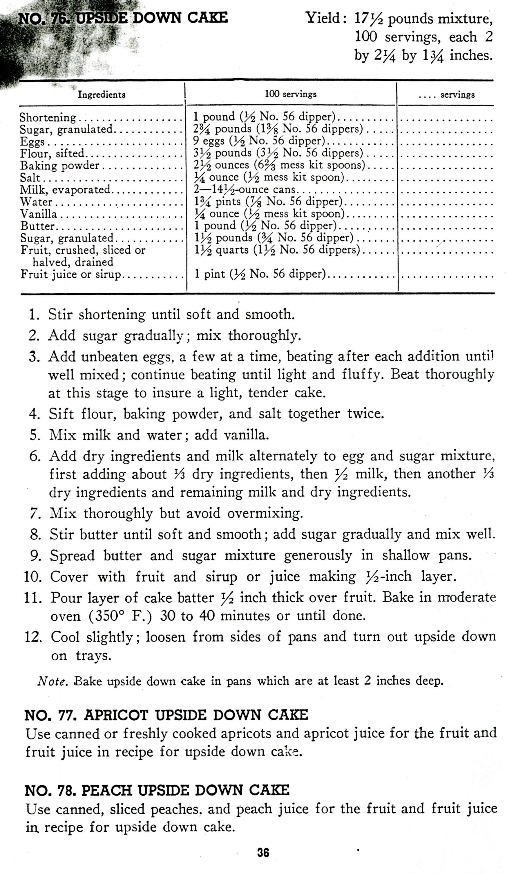 Upside down cake recipe page from the 1946 official U.S. Army Cookbook. 