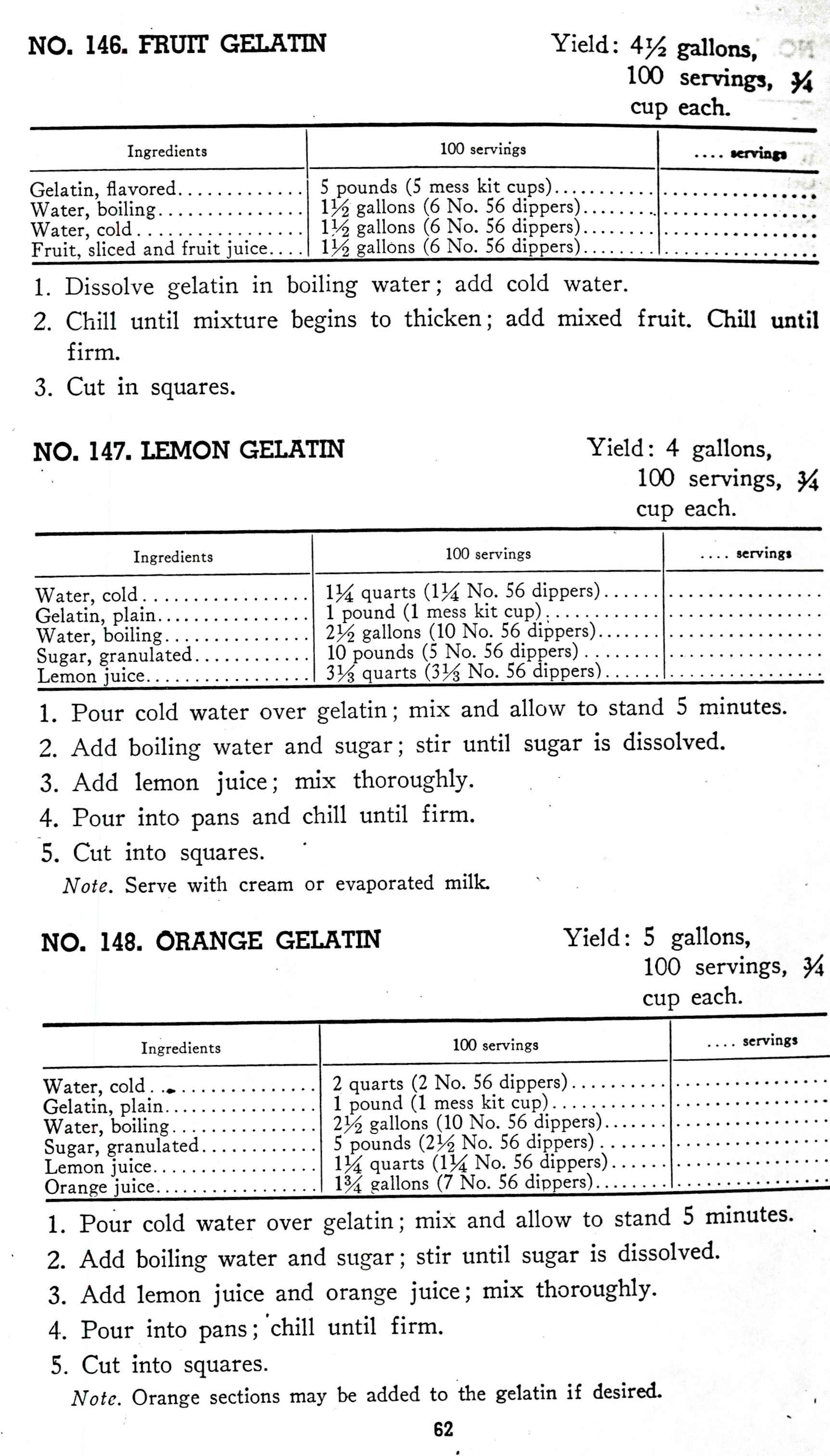 Recipes for fruit, lemon, and orange getalins from the 1946 U.S. Army Cookbook.