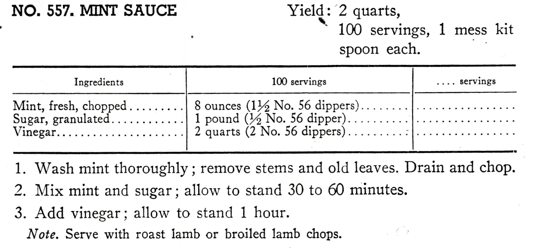 Mint sauce recipe from the 1946 official U.S. Army Cookbook.