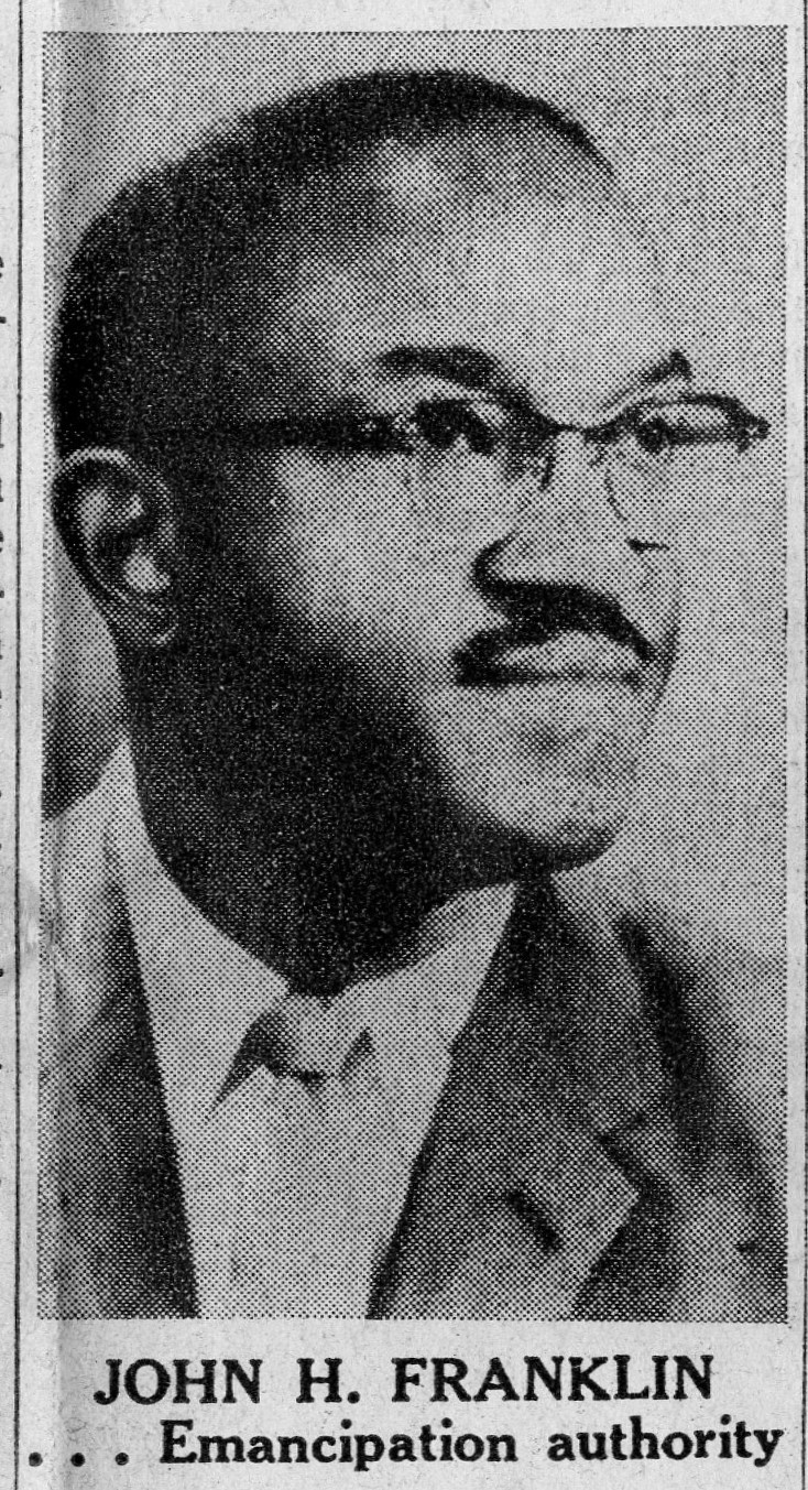 Head and shoulders portrait of a Black man wearing glasses. Titled John Hope Franklin...Emancipation authority. News-Gazette 14 November 1963