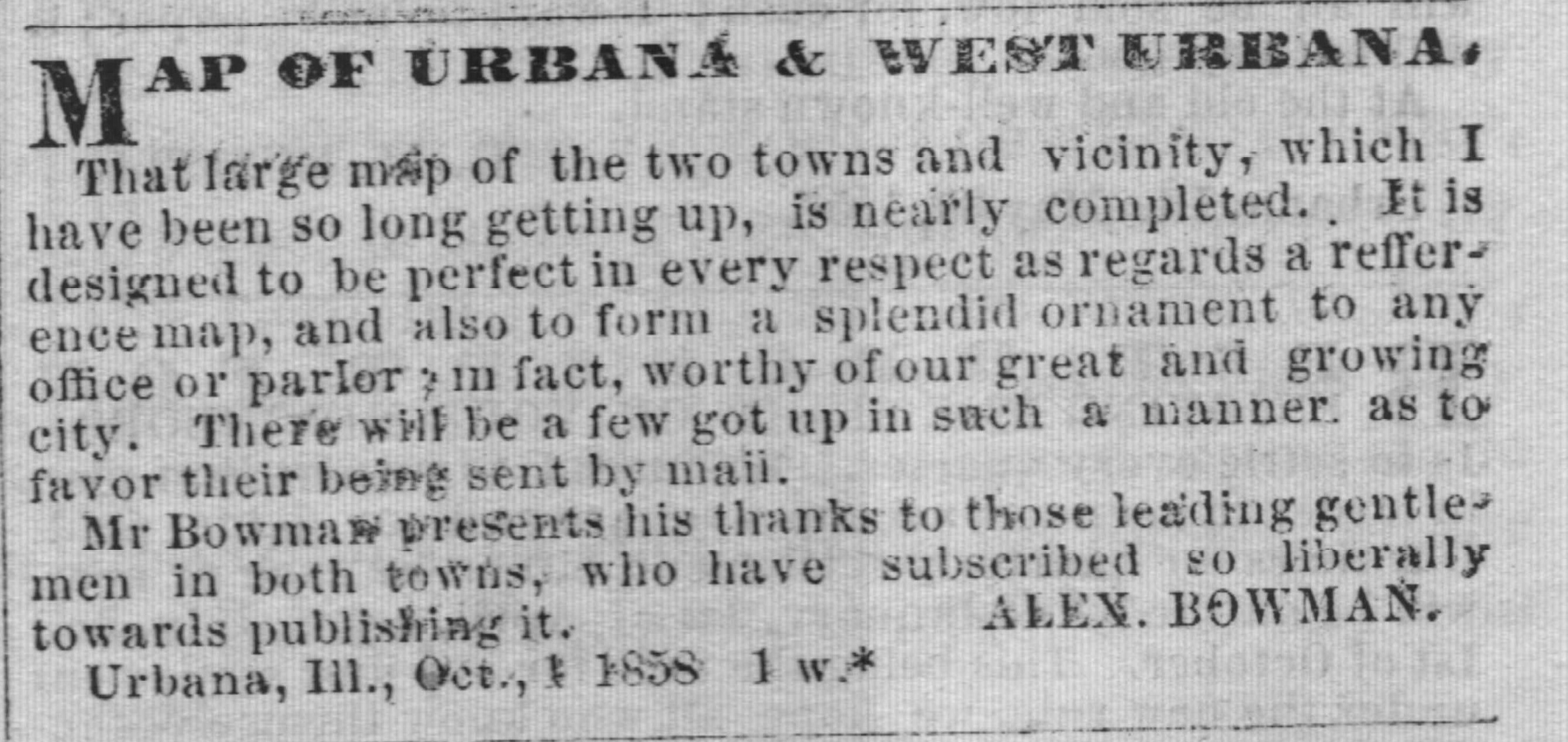 Advertisement for the 1858 Urbana-West Urbana map. Published in Our Constitution, December 25, 1858. 