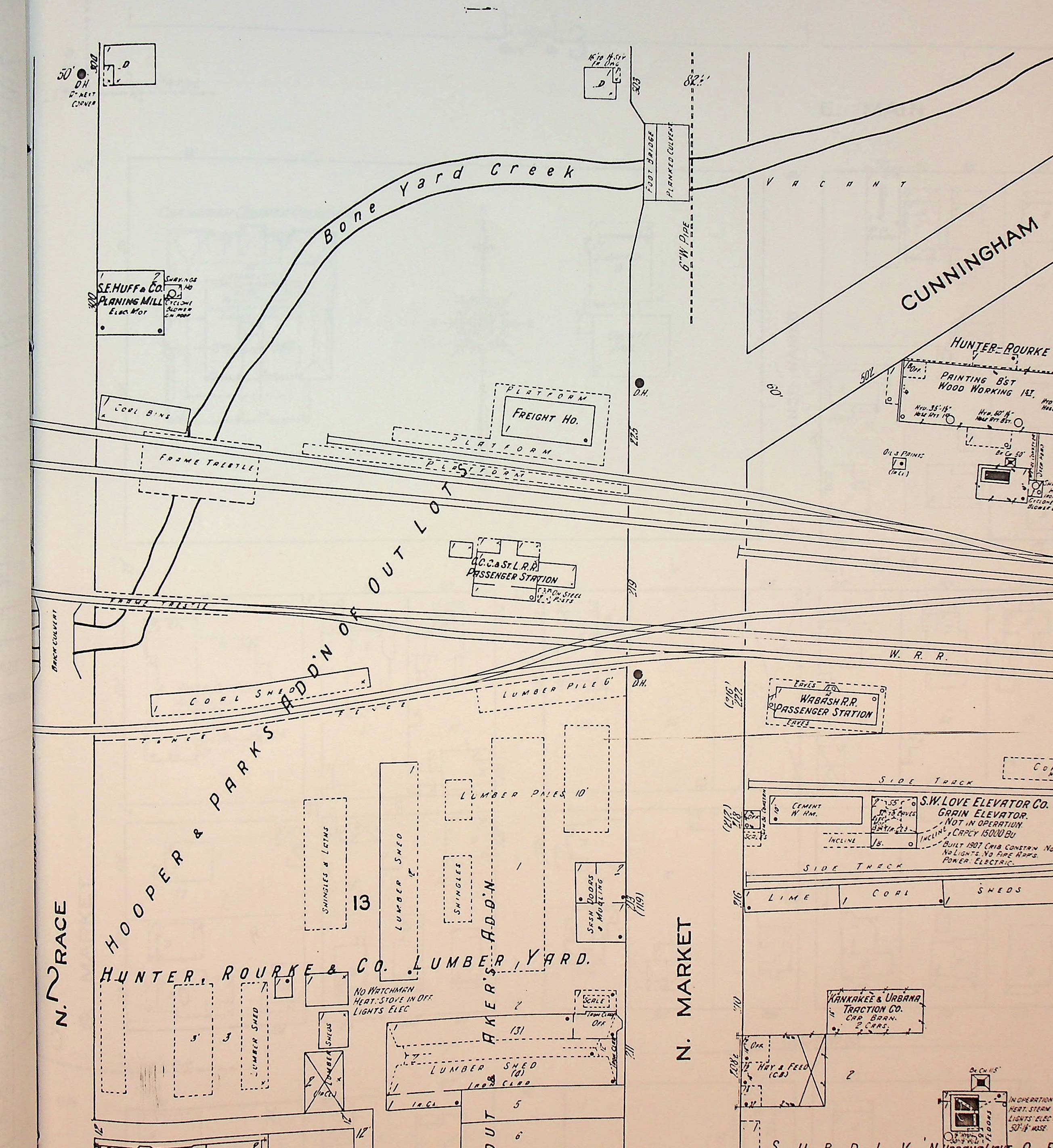 A scan of the 1915 Sandborn map of Urbana, IL showing the planing mill.