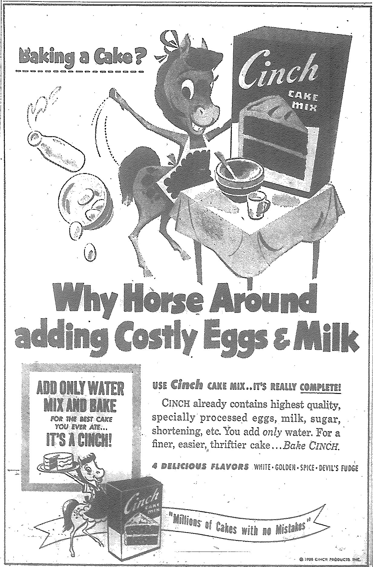 Newspaper advertisement for Cinch cake mix circa 1950s.
