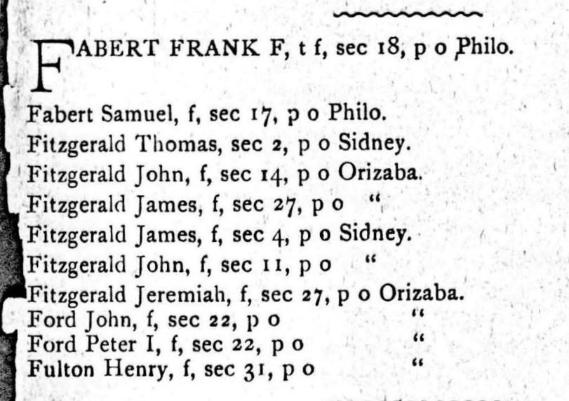 Newspaper clippings from the 1885 Champaign Gazetteer page 340. Henry Fulton is listed.