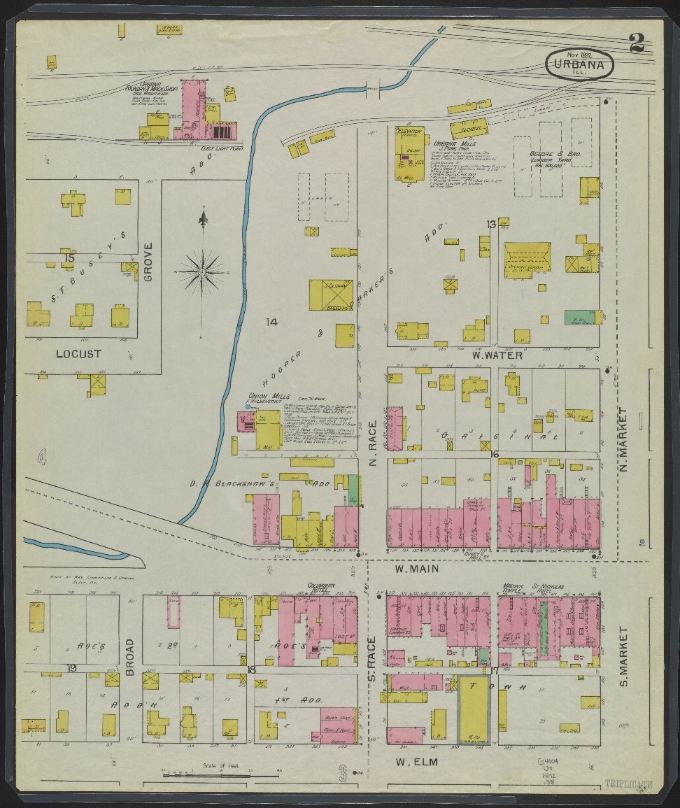 A map of downtown Urbana showing Race, Main, Market, Water, and Elm streets.