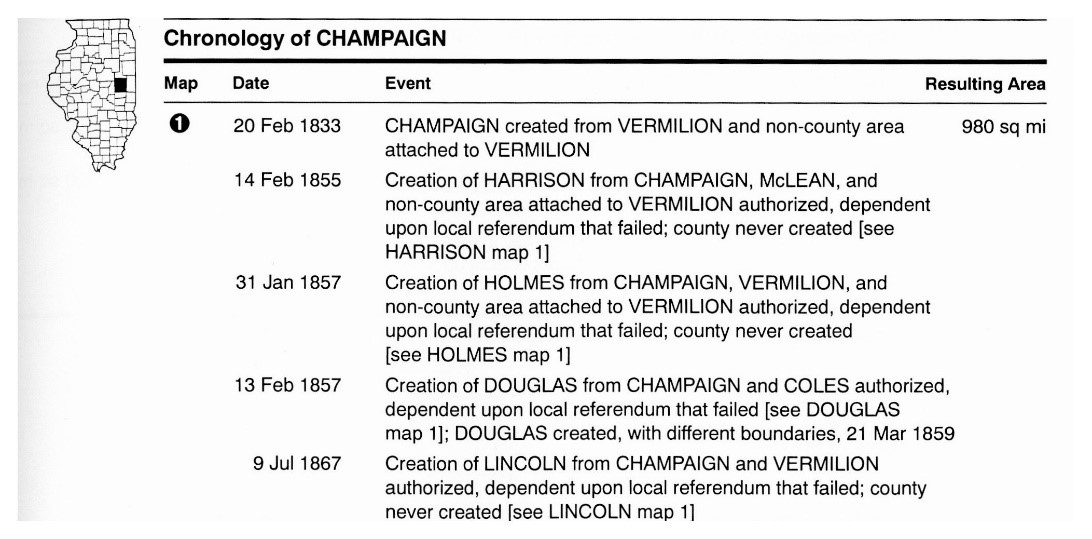 Page 37 shows a timeline of Champaign County's creation and changes through time.