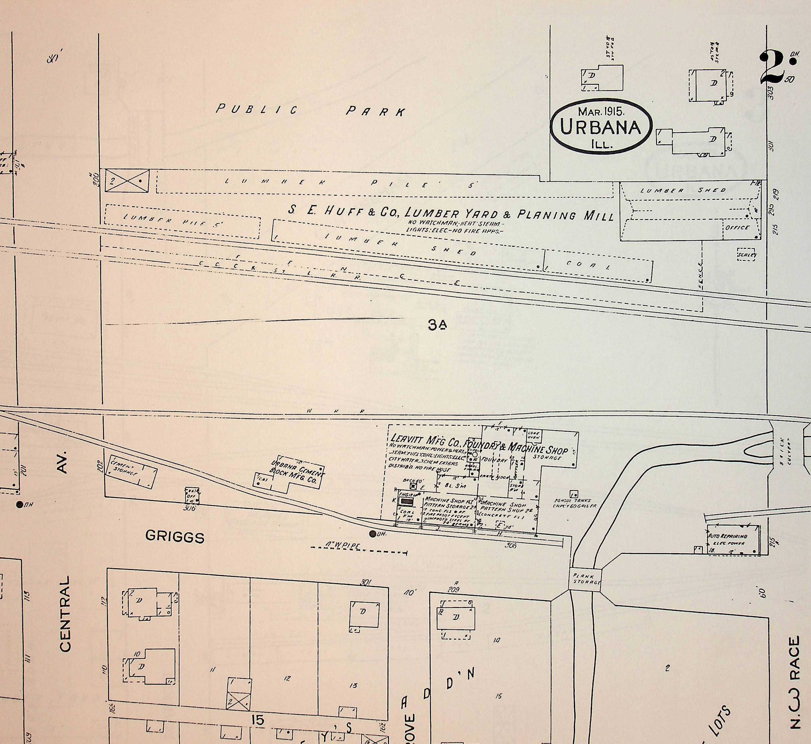 1915 Sandborn map of Urbana, IL showing the S.E. Huff & Co. lumber yard and planing mill.
