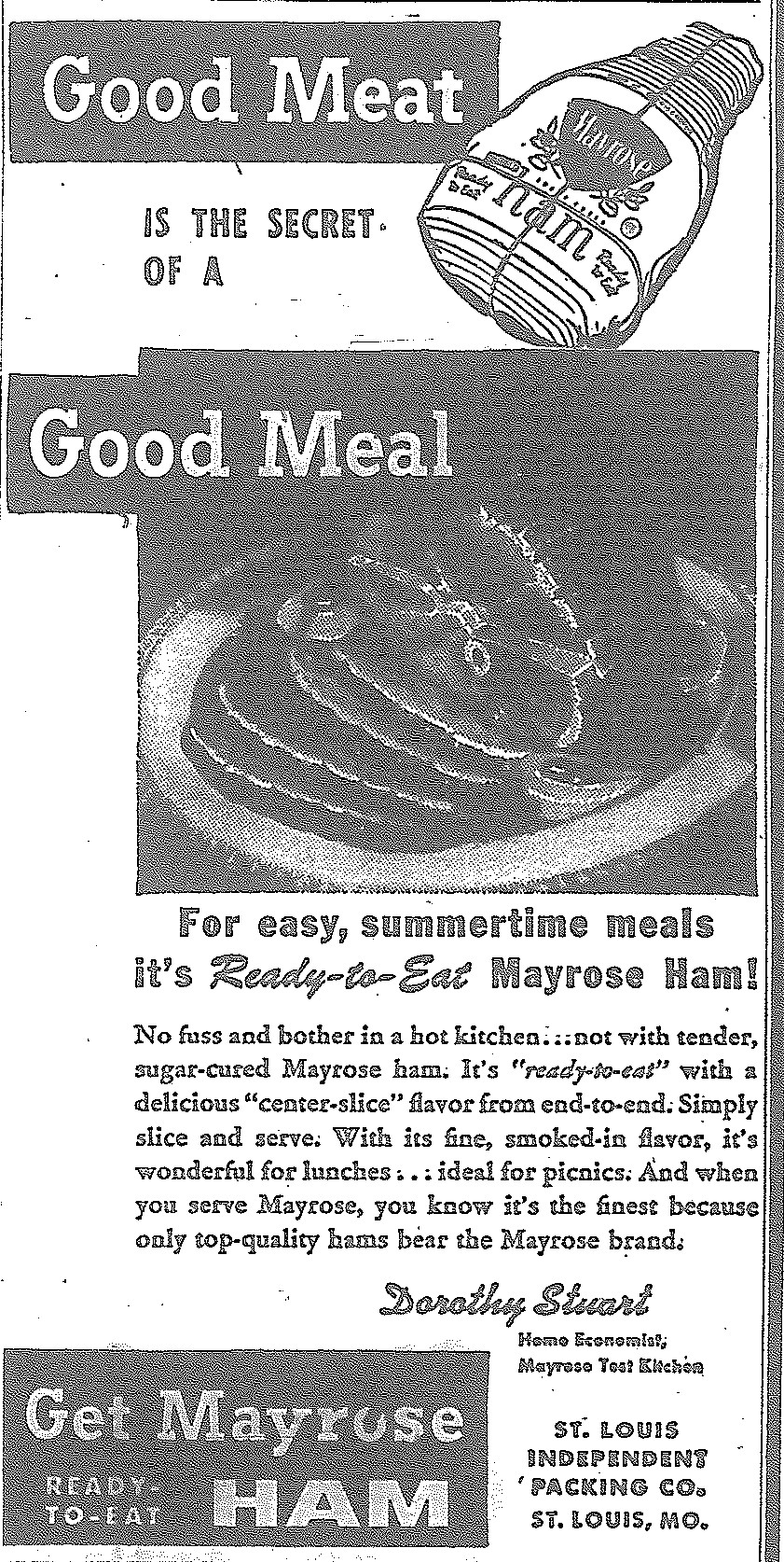 Newspaper advertisement for Mayrose Ham circa 1950s.