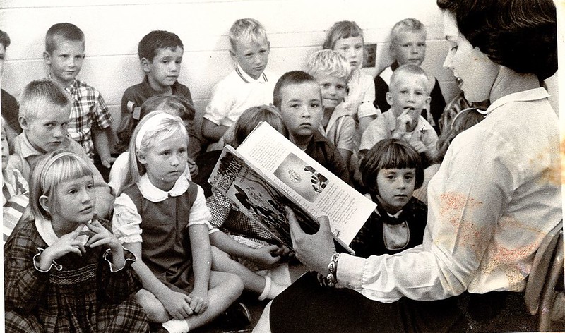 Teacher reading "Pinocchio", ca. 1971