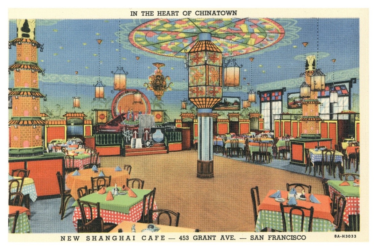 Color postcard of the New Shanghai Cafe in San Francisco's China Town.