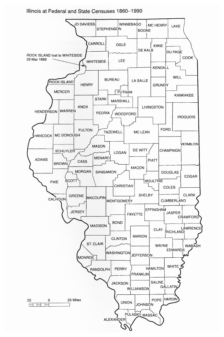 A map of Illinois counties from 1860 to 1990.