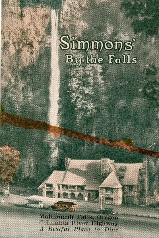 Color postcard of Multnomah Falls, Oregon. A waterfall is visible behind a stone building. 