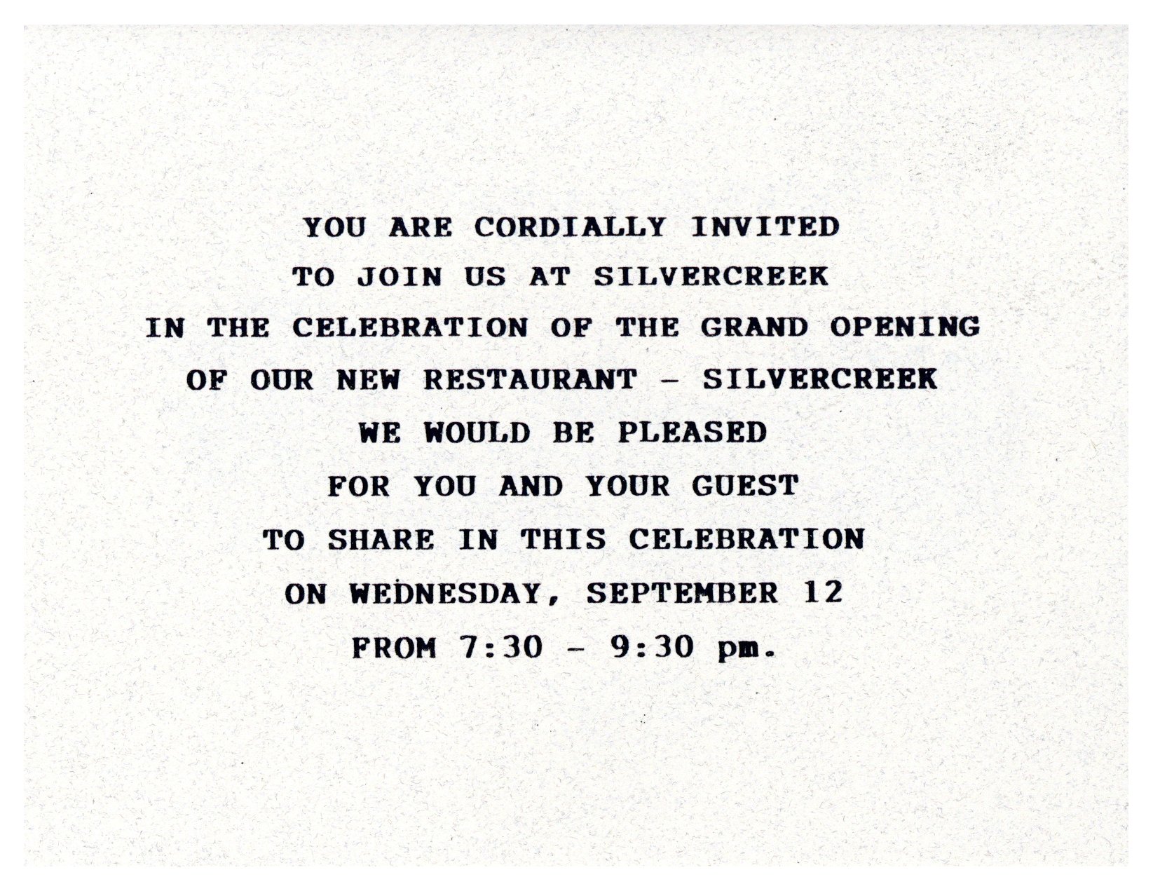 Inside of the invitation for the Silvercreek Restaurants grand opening.