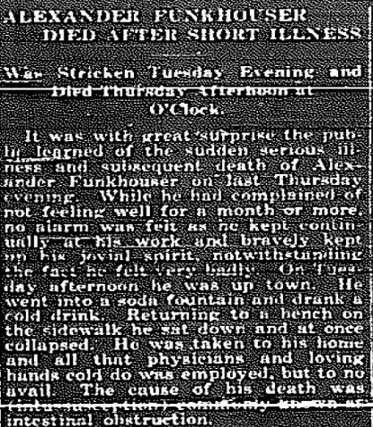 Obituary of Alexander Funkhouser originally printed in the May 7, 1919 Rantoul Weekly Press newspaper.