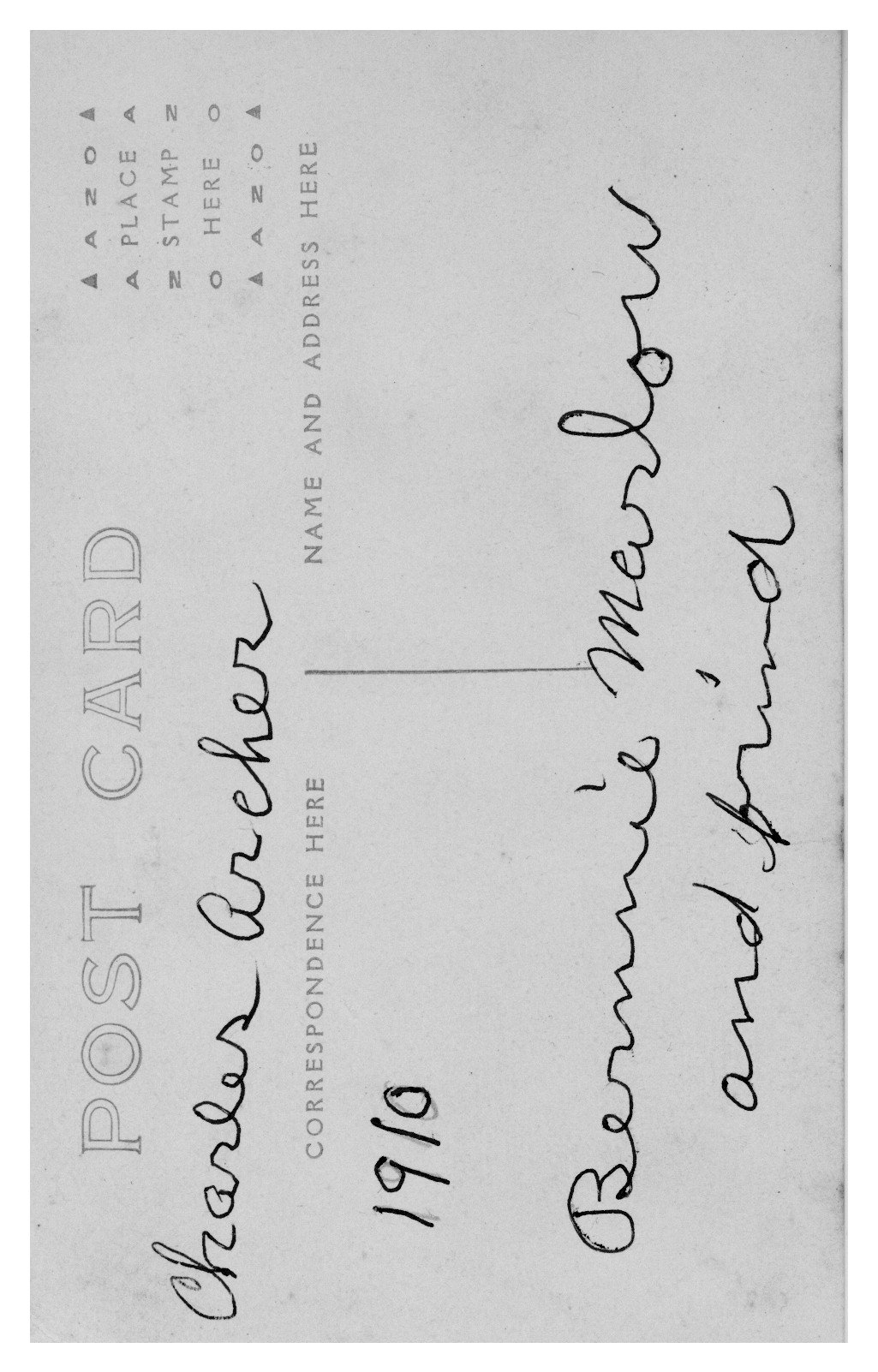 Reverse of photograph, handwritten in cursive "Charles Archer, 1910, Bernie Marlow and friend"