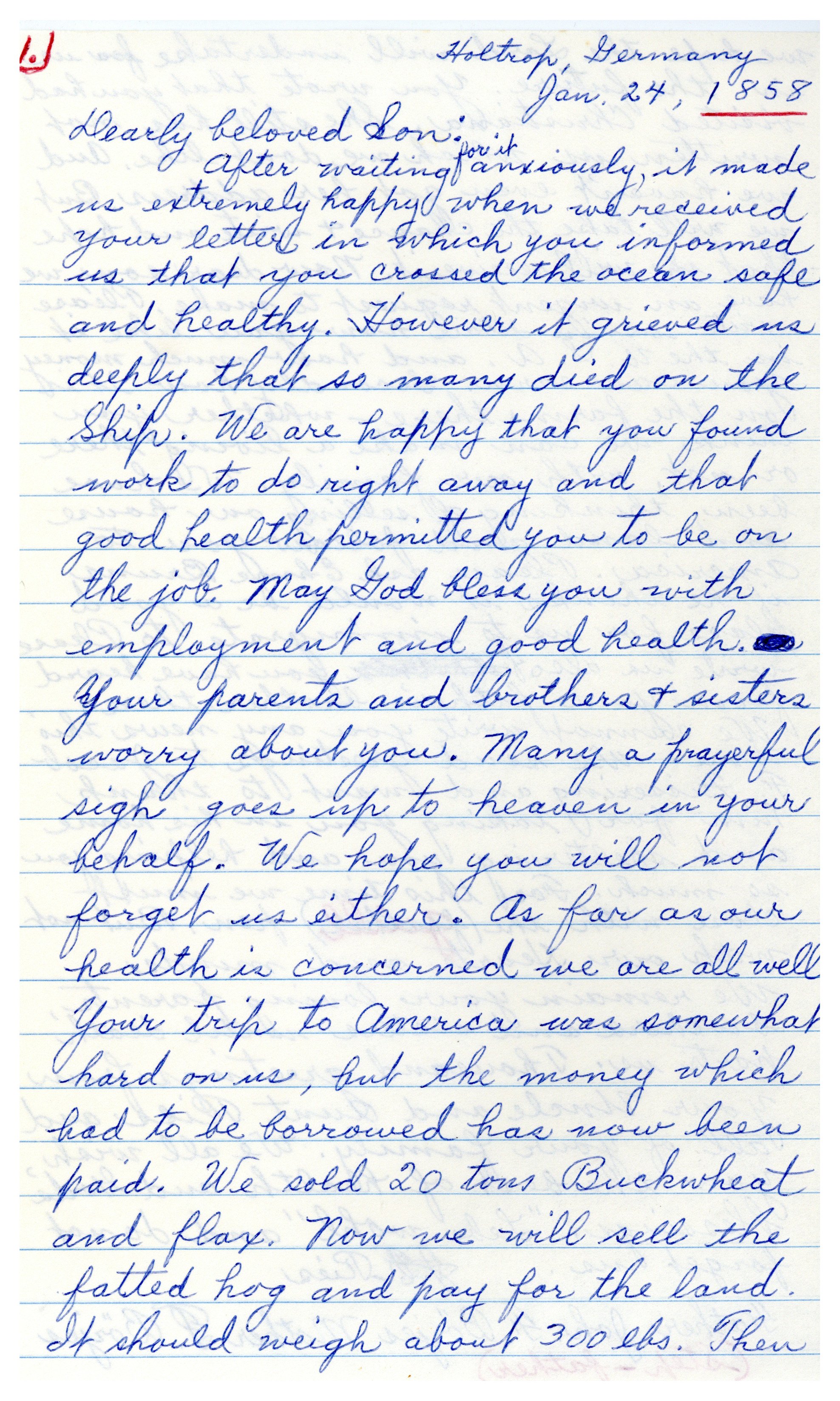 Image of a handwritten transcription of a letter from January 24, 1858.