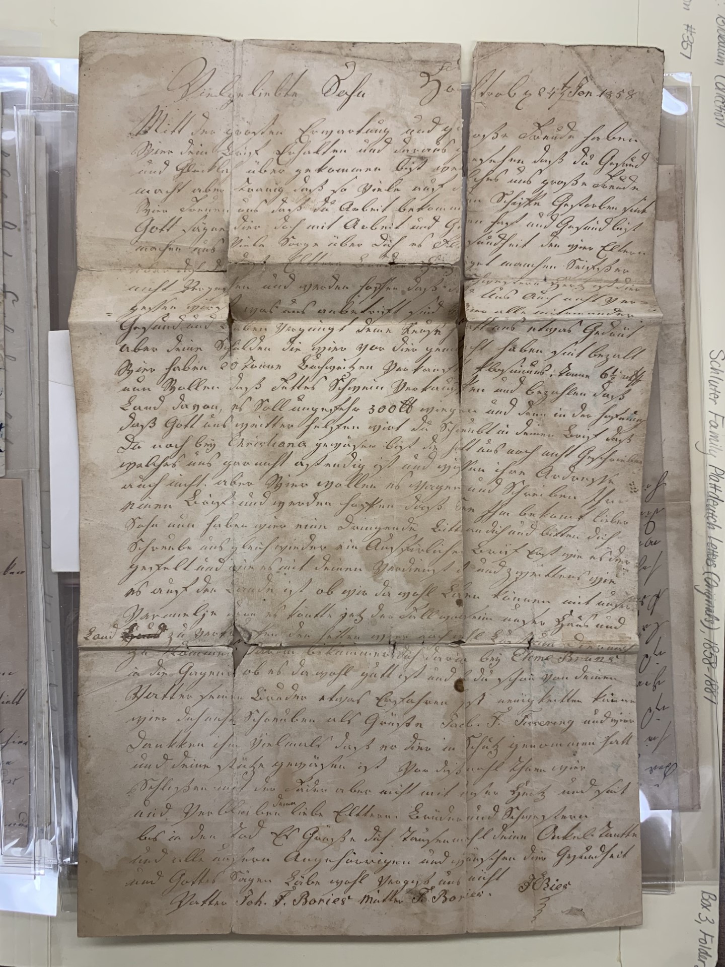 Photograph of an original letter from 1858. Written from the family of Johann H. Schluter in Germany, to Johann in America.