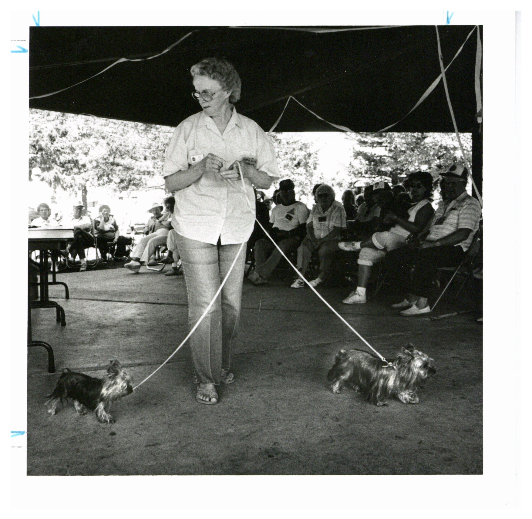 Bobbie Rush of Moore, Oklahoma shows her dogs, Skeeter and Scooter, in a pet show.