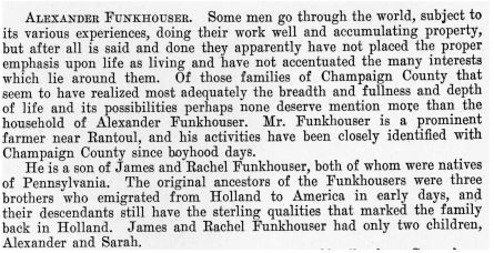 Excerpt of p.656 of History of Champaign County describing Alexander Funkhouser.