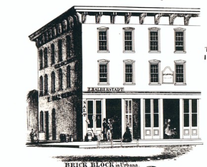 Illustration of Brick Block from the 1863 Bowman Map. A square building with doors on the first floor and four windows on each of the two upper floors.