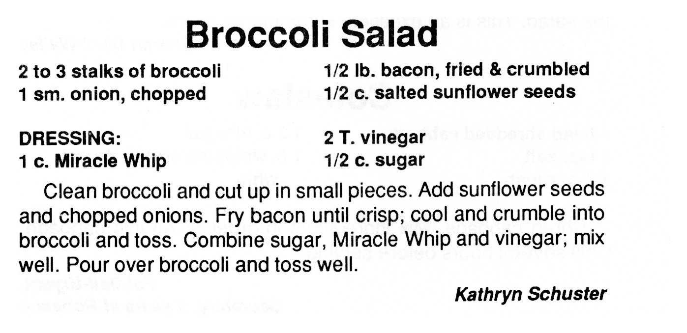 Black and white scan of a recipe for broccoli salad.