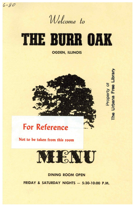 Image of the cover of the Burr Oak restaurant menu.