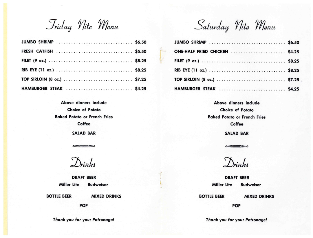 Inside image of the Burr Oak menu.