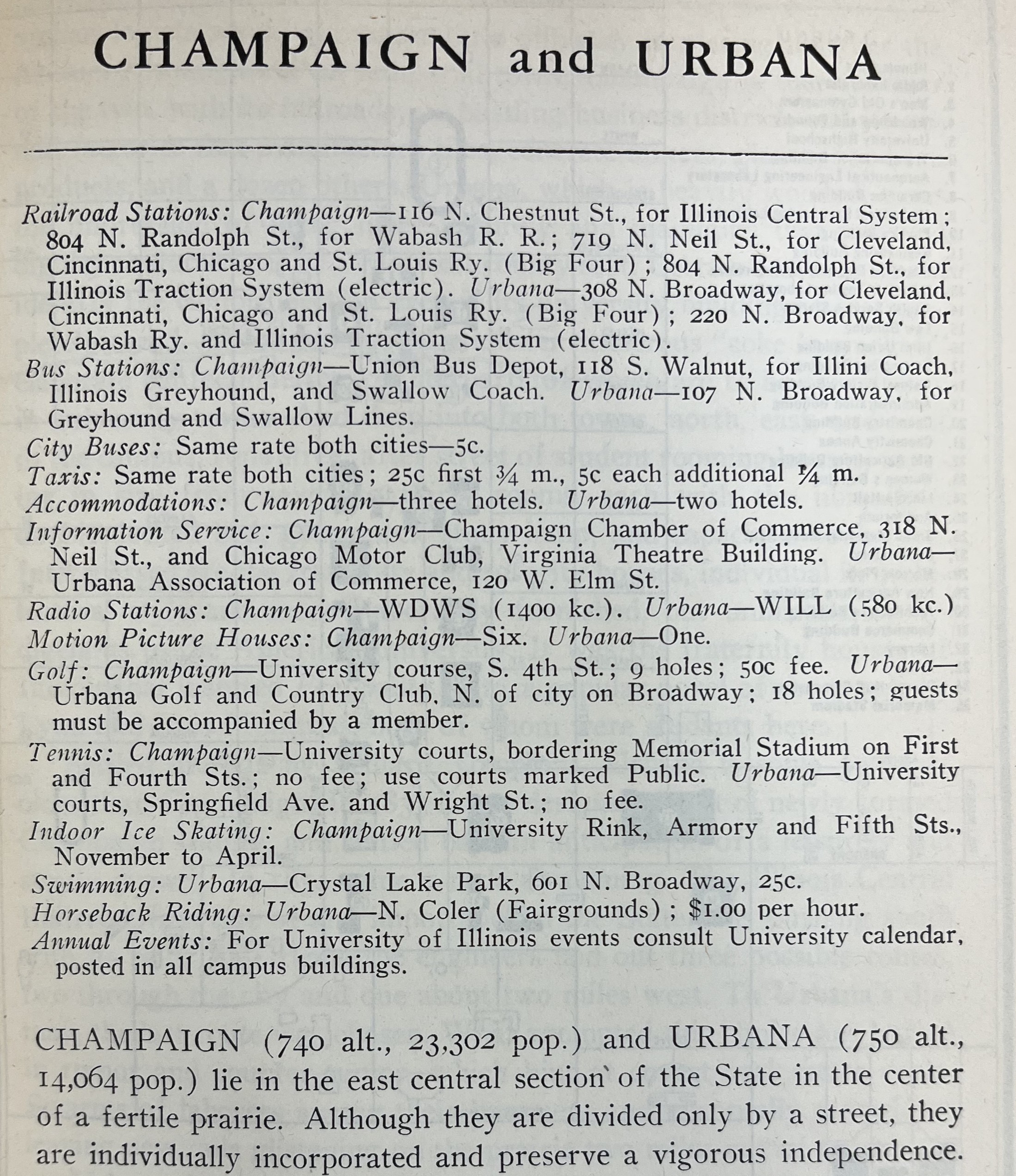 A page from the Illinois American Guide Book, 1946 edition showing information about Champaign Urbana.