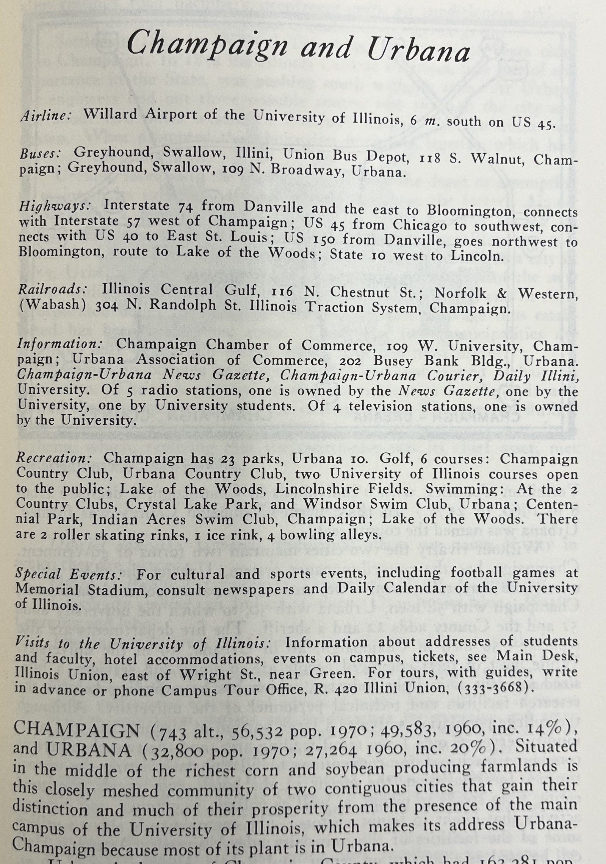 A page from the 1973 edition of the Illinois American Guide Book showing information about Champaign Urbana.