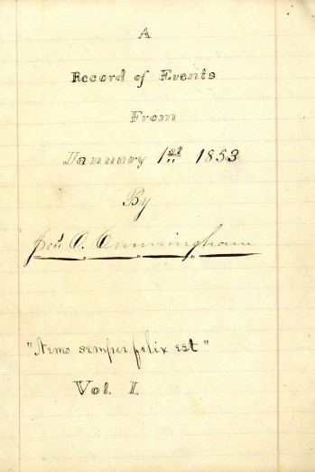 Journal page from Cunningham's journal. It says, "A record of events from January 1st, 1853 by J. O. Cunningham."